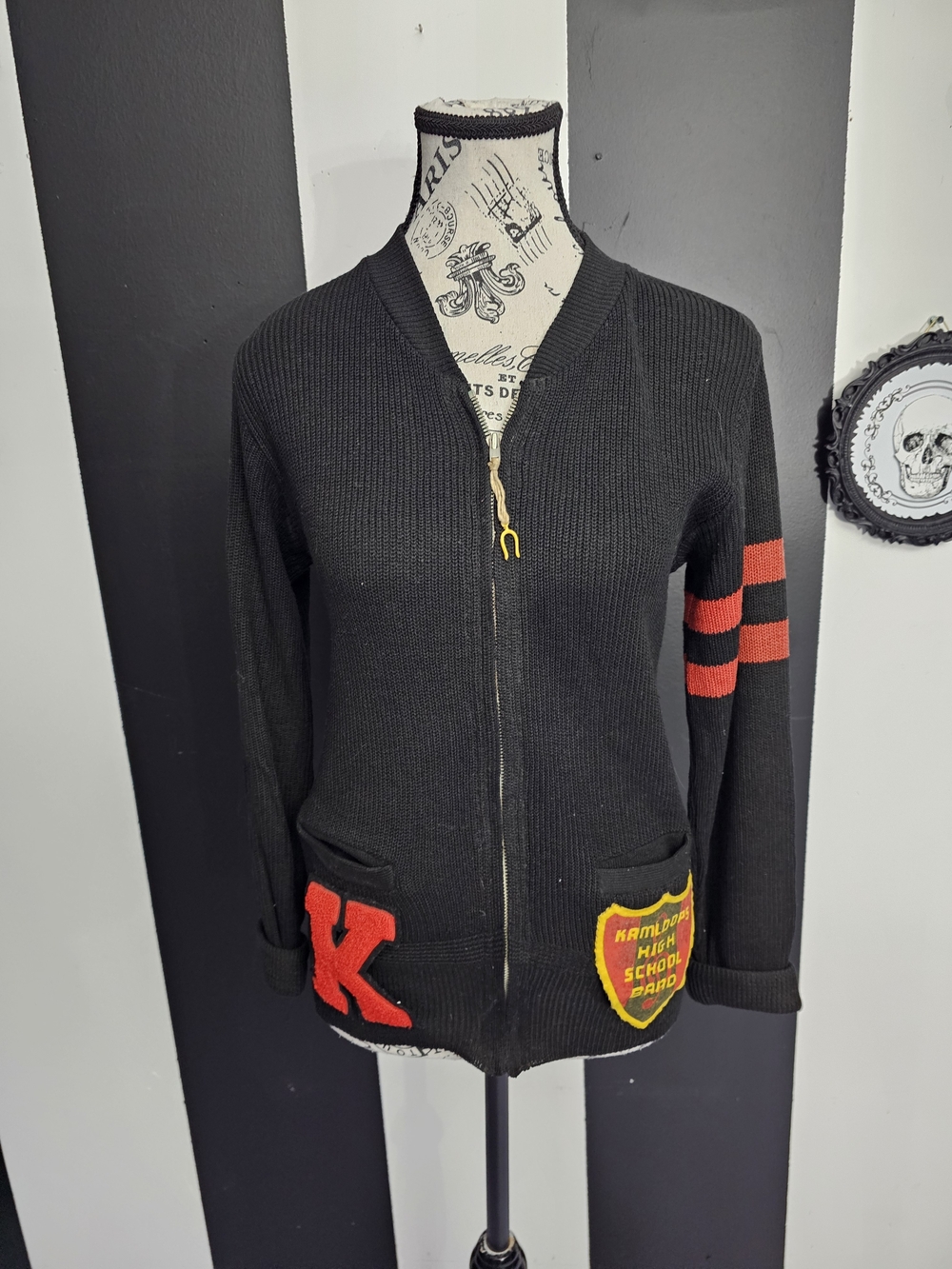 1940's Black Varsity Zip Cardigan with Red Stripes